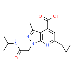 ChemSpider 2D Image | 6-cyclopropyl-1-[(isopropylcarbamoyl)methyl]-3-methylpyrazolo[3,4-b]pyridine-4-carboxylic acid | C16H20N4O3