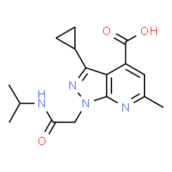 ChemSpider 2D Image | 3-cyclopropyl-1-[(isopropylcarbamoyl)methyl]-6-methylpyrazolo[3,4-b]pyridine-4-carboxylic acid | C16H20N4O3