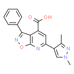 ChemSpider 2D Image | 6-(1,3-Dimethyl-1H-pyrazol-4-yl)-3-phenyl[1,2]oxazolo[5,4-b]pyridine-4-carboxylic acid | C18H14N4O3