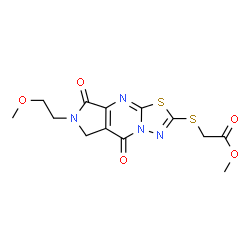 ChemSpider 2D Image | Methyl {[6-(2-methoxyethyl)-5,8-dioxo-5,6,7,8-tetrahydropyrrolo[3,4-d][1,3,4]thiadiazolo[3,2-a]pyrimidin-2-yl]sulfanyl}acetate | C13H14N4O5S2