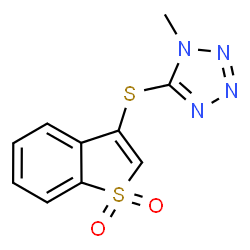 ChemSpider 2D Image | 5-[(1,1-Dioxido-1-benzothiophen-3-yl)sulfanyl]-1-methyl-1H-tetrazole | C10H8N4O2S2