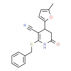 ChemSpider 2D Image | 2-(Benzylsulfanyl)-4-(5-methyl-2-furyl)-6-oxo-1,4,5,6-tetrahydro-3-pyridinecarbonitrile | C18H16N2O2S