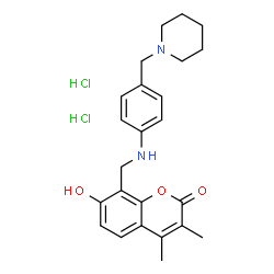 ChemSpider 2D Image | 7-Hydroxy-3,4-dimethyl-8-({[4-(1-piperidinylmethyl)phenyl]amino}methyl)-2H-chromen-2-one dihydrochloride | C24H30Cl2N2O3