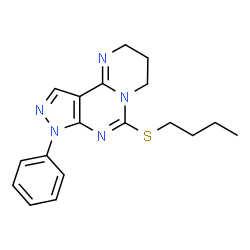 ChemSpider 2D Image | 6-(Butylsulfanyl)-8-phenyl-2,3,4,8-tetrahydropyrazolo[4,3-e]pyrimido[1,2-c]pyrimidine | C18H21N5S