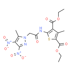 ChemSpider 2D Image | Diethyl 3-methyl-5-{[(5-methyl-3,4-dinitro-1H-pyrazol-1-yl)acetyl]amino}-2,4-thiophenedicarboxylate | C17H19N5O9S