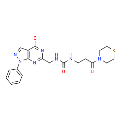 ChemSpider 2D Image | 1-[(4-Oxo-1-phenyl-4,5-dihydro-1H-pyrazolo[3,4-d]pyrimidin-6-yl)methyl]-3-[3-oxo-3-(4-thiomorpholinyl)propyl]urea | C20H23N7O3S