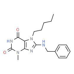 ChemSpider 2D Image | 8-(Benzylamino)-3-methyl-7-pentyl-3,7-dihydro-1H-purine-2,6-dione | C18H23N5O2