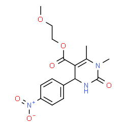 ChemSpider 2D Image | 2-Methoxyethyl 1,6-dimethyl-4-(4-nitrophenyl)-2-oxo-1,2,3,4-tetrahydro-5-pyrimidinecarboxylate | C16H19N3O6
