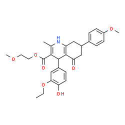 ChemSpider 2D Image | 2-Methoxyethyl 4-(3-ethoxy-4-hydroxyphenyl)-7-(4-methoxyphenyl)-2-methyl-5-oxo-1,4,5,6,7,8-hexahydro-3-quinolinecarboxylate | C29H33NO7