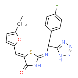 ChemSpider 2D Image | (2Z,5Z)-5-[(5-Ethyl-2-furyl)methylene]-2-{[(4-fluorophenyl)(1H-tetrazol-5-yl)methyl]imino}-1,3-thiazolidin-4-one | C18H15FN6O2S