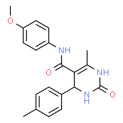 ChemSpider 2D Image | N-(4-methoxyphenyl)-4-methyl-6-(4-methylphenyl)-2-oxo-3,6-dihydro-1H-pyrimidine-5-carboxamide | C20H21N3O3