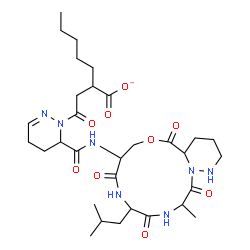 ChemSpider 2D Image | 2-(2-{6-[(11-Isobutyl-14-methyl-5,9,12,15-tetraoxotetradecahydro-7H-pyridazino[6,1-c][1,4,7,10]oxatriazacyclotridecin-8-yl)carbamoyl]-5,6-dihydro-1(4H)-pyridazinyl}-2-oxoethyl)heptanoate | C31H48N7O9
