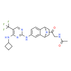 ChemSpider 2D Image | N-[2-[(1R,4S)-6-[[4-(Cyclobutylamino)-5-(trifluoromethyl)-2-pyrimidinyl]amino]-1,2,3,4-tetrahydronaphthalen-1,4-imin-9-yl]-2-oxoethyl]acetamide | C23H25F3N6O2