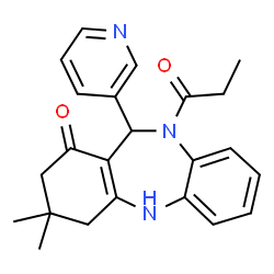 ChemSpider 2D Image | 3,3-Dimethyl-10-propionyl-11-(3-pyridinyl)-2,3,4,5,10,11-hexahydro-1H-dibenzo[b,e][1,4]diazepin-1-one | C23H25N3O2