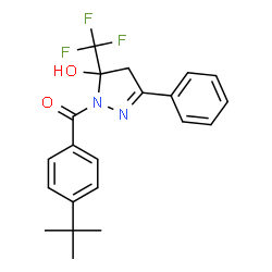 ChemSpider 2D Image | [5-Hydroxy-3-phenyl-5-(trifluoromethyl)-4,5-dihydro-1H-pyrazol-1-yl][4-(2-methyl-2-propanyl)phenyl]methanone | C21H21F3N2O2