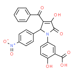 ChemSpider 2D Image | 5-[3-Benzoyl-4-hydroxy-2-(4-nitrophenyl)-5-oxo-2,5-dihydro-1H-pyrrol-1-yl]-2-hydroxybenzoic acid | C24H16N2O8