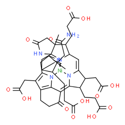 ChemSpider 2D Image | {3,3',3''-[5-(2-Amino-2-oxoethyl)-18,29-bis(carboxymethyl)-5,23-dimethyl-14,25-dioxo-9,26,27,28,30-pentaazaheptacyclo[19.5.1.1~3,6~.1~8,11~.1~16,19~.0~1,23~.0~10,15~]triaconta-6(30),8(29),10,15,19-pen
taene-4,17,22-triyl-kappa~4~N~9~,N~27~,N~28~,N~30~]tripropanoato(3-)}nickel | C42H49N6NiO13