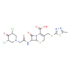 ChemSpider 2D Image | 7-{[(3,5-Dichloro-4-oxo-1-piperidinyl)acetyl]amino}-3-{[(5-methyl-1,3,4-thiadiazol-2-yl)sulfanyl]methyl}-8-oxo-5-thia-1-azabicyclo[4.2.0]oct-2-ene-2-carboxylic acid | C18H19Cl2N5O5S3