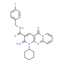 ChemSpider 2D Image | 1-Cyclohexyl-N-(4-fluorobenzyl)-2-imino-5-oxo-1,5-dihydro-2H-dipyrido[1,2-a:2',3'-d]pyrimidine-3-carboxamide | C25H24FN5O2