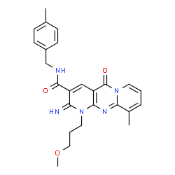 ChemSpider 2D Image | 2-Imino-1-(3-methoxypropyl)-10-methyl-N-(4-methylbenzyl)-5-oxo-1,5-dihydro-2H-dipyrido[1,2-a:2',3'-d]pyrimidine-3-carboxamide | C25H27N5O3
