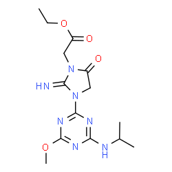ChemSpider 2D Image | Ethyl {2-imino-3-[4-(isopropylamino)-6-methoxy-1,3,5-triazin-2-yl]-5-oxo-1-imidazolidinyl}acetate | C14H21N7O4