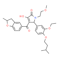 ChemSpider 2D Image | 5-[3-Ethoxy-4-(3-methylbutoxy)phenyl]-3-hydroxy-1-(2-methoxyethyl)-4-[(2-methyl-2,3-dihydro-1-benzofuran-5-yl)carbonyl]-1,5-dihydro-2H-pyrrol-2-one | C30H37NO7