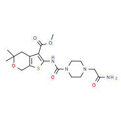 ChemSpider 2D Image | Methyl 2-({[4-(2-amino-2-oxoethyl)-1-piperazinyl]carbonyl}amino)-5,5-dimethyl-4,7-dihydro-5H-thieno[2,3-c]pyran-3-carboxylate | C18H26N4O5S