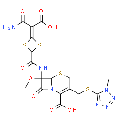 ChemSpider 2D Image | 7-({[4-(2-Amino-1-carboxy-2-oxoethylidene)-1,3-dithietan-2-yl]carbonyl}amino)-7-methoxy-3-{[(1-methyl-1H-tetrazol-5-yl)sulfanyl]methyl}-8-oxo-5-thia-1-azabicyclo[4.2.0]oct-2-ene-2-carboxylic acid | C17H17N7O8S4