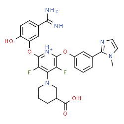 ChemSpider 2D Image | 2-(5-Carbamimidoyl-2-hydroxyphenoxy)-4-(3-carboxy-1-piperidinyl)-3,5-difluoro-6-[3-(1-methyl-1H-imidazol-2-yl)phenoxy]pyridinium | C28H27F2N6O5