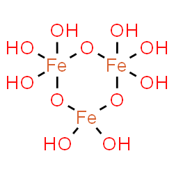 ChemSpider 2D Image | 1,1,1,3,3,3,5,5-octahydroxy-2,4,6-trioxa-1$l^{5},3$l^{5},5$l^{4}-triferracyclohexane | H8Fe3O11