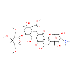 ChemSpider 2D Image | 10-[(6-Deoxy-3-C-methyl-2,3,4-tri-O-methylhexopyranosyl)oxy]-4,8,12,22,24-pentahydroxy-13-(methoxycarbonyl)-N,N,1,12-tetramethyl-6,17-dioxo-20,25-dioxahexacyclo[19.3.1.0~2,19~.0~5,18~.0~7,16~.0~9,14~]
pentacosa-2,4,7,14,18-pentaen-23-aminium | C39H52NO16