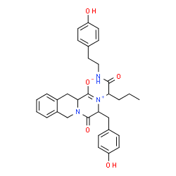 ChemSpider 2D Image | 3-(4-Hydroxybenzyl)-2-(1-{[2-(4-hydroxyphenyl)ethyl]amino}-1-oxo-2-pentanyl)-4-oxo-3,6,11,11a-tetrahydro-4H-pyrazino[1,2-b]isoquinolin-2-ium-1-olate | C32H35N3O5