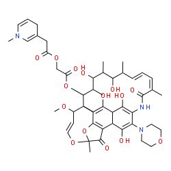 ChemSpider 2D Image | 2-Oxo-2-{[(9E,19E,21Z)-2,15,17,27,29-pentahydroxy-11-methoxy-3,7,12,14,16,18,22-heptamethyl-26-(4-morpholinyl)-6,23-dioxo-8,30-dioxa-24-azatetracyclo[23.3.1.1~4,7~.0~5,28~]triaconta-2,4,9,19,21,25(29)
,26-heptaen-13-yl]oxy}ethyl (1-methyl-1,4-dihydro-3-pyridinyl)acetate | C49H65N3O15