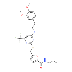 ChemSpider 2D Image | 5-({[4-{[2-(3,4-Dimethoxyphenyl)ethyl](methyl)amino}-6-(trifluoromethyl)-2-pyrimidinyl]sulfanyl}methyl)-N-isobutyl-2-furamide | C26H31F3N4O4S