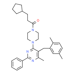 ChemSpider 2D Image | 3-Cyclopentyl-1-{4-[5-(2,5-dimethylbenzyl)-6-methyl-2-phenyl-4-pyrimidinyl]-1-piperazinyl}-1-propanone | C32H40N4O