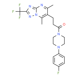 ChemSpider 2D Image | 3-[5,7-Dimethyl-2-(trifluoromethyl)[1,2,4]triazolo[1,5-a]pyrimidin-6-yl]-1-[4-(4-fluorophenyl)-1-piperazinyl]-1-propanone | C21H22F4N6O