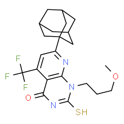 ChemSpider 2D Image | 7-(Adamantan-1-yl)-1-(3-methoxypropyl)-2-thioxo-5-(trifluoromethyl)-2,3-dihydropyrido[2,3-d]pyrimidin-4(1H)-one | C22H26F3N3O2S