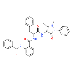 ChemSpider 2D Image | Nalpha-[2-(Benzoylamino)benzoyl]-N-(1,5-dimethyl-3-oxo-2-phenyl-2,3-dihydro-1H-pyrazol-4-yl)phenylalaninamide | C34H31N5O4