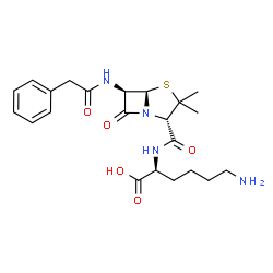 ChemSpider 2D Image | N~2~-({(2S,5R,6R)-3,3-Dimethyl-7-oxo-6-[(phenylacetyl)amino]-4-thia-1-azabicyclo[3.2.0]hept-2-yl}carbonyl)-L-lysine | C22H30N4O5S