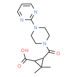 ChemSpider 2D Image | 2,2-Dimethyl-3-{[4-(2-pyrimidinyl)-1-piperazinyl]carbonyl}cyclopropanecarboxylic acid | C15H20N4O3