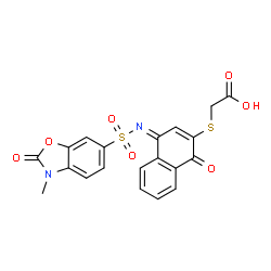 ChemSpider 2D Image | {[(4Z)-4-{[(3-Methyl-2-oxo-2,3-dihydro-1,3-benzoxazol-6-yl)sulfonyl]imino}-1-oxo-1,4-dihydro-2-naphthalenyl]sulfanyl}acetic acid | C20H14N2O7S2