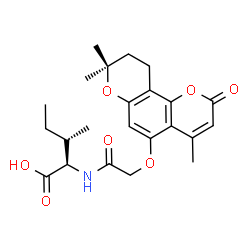 ChemSpider 2D Image | N-{[(4,8,8-Trimethyl-2-oxo-9,10-dihydro-2H,8H-pyrano[2,3-f]chromen-5-yl)oxy]acetyl}-D-alloisoleucine | C23H29NO7