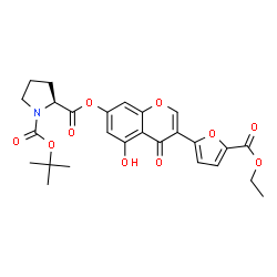 ChemSpider 2D Image | 2-{3-[5-(Ethoxycarbonyl)-2-furyl]-5-hydroxy-4-oxo-4H-chromen-7-yl} 1-(2-methyl-2-propanyl) (2S)-1,2-pyrrolidinedicarboxylate | C26H27NO10