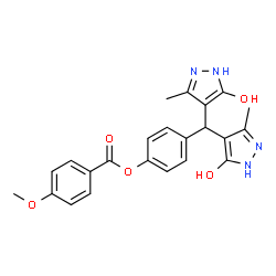 ChemSpider 2D Image | 4-[Bis(5-hydroxy-3-methyl-1H-pyrazol-4-yl)methyl]phenyl 4-methoxybenzoate | C23H22N4O5