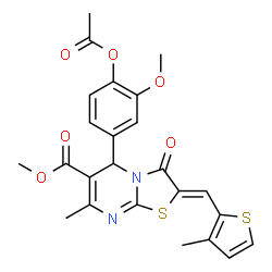 ChemSpider 2D Image | Methyl (2Z)-5-(4-acetoxy-3-methoxyphenyl)-7-methyl-2-[(3-methyl-2-thienyl)methylene]-3-oxo-2,3-dihydro-5H-[1,3]thiazolo[3,2-a]pyrimidine-6-carboxylate | C24H22N2O6S2