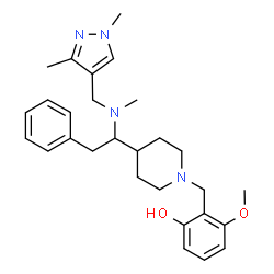 ChemSpider 2D Image | 2-{[4-(1-{[(1,3-Dimethyl-1H-pyrazol-4-yl)methyl](methyl)amino}-2-phenylethyl)-1-piperidinyl]methyl}-3-methoxyphenol | C28H38N4O2