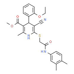 ChemSpider 2D Image | Methyl 5-cyano-6-({2-[(3,4-dimethylphenyl)amino]-2-oxoethyl}sulfanyl)-4-(2-ethoxyphenyl)-2-methyl-1,4-dihydro-3-pyridinecarboxylate | C27H29N3O4S