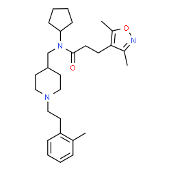 ChemSpider 2D Image | N-Cyclopentyl-3-(3,5-dimethyl-1,2-oxazol-4-yl)-N-({1-[2-(2-methylphenyl)ethyl]-4-piperidinyl}methyl)propanamide | C28H41N3O2