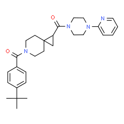 ChemSpider 2D Image | {6-[4-(2-Methyl-2-propanyl)benzoyl]-6-azaspiro[2.5]oct-1-yl}[4-(2-pyridinyl)-1-piperazinyl]methanone | C28H36N4O2