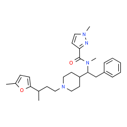 ChemSpider 2D Image | N,1-Dimethyl-N-(1-{1-[3-(5-methyl-2-furyl)butyl]-4-piperidinyl}-2-phenylethyl)-1H-pyrazole-3-carboxamide | C28H38N4O2